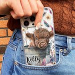 Personligt söt akvarell Highland Cow Slim Phone Case för iPhone med namn Födelsedag Julklapp för Highland Cow Lovers