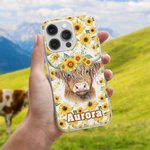 Personalized Sunflower Highland Cow iPhone Case with Name Birthday Gift for Highland Cow Lovers