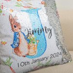 Funda de almohada de lentejuelas personalizada Peter Rabbit con nombre inicial y fecha Conejito Decoración de vacaciones Cumpleaños Pascua Regalo para