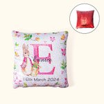 Funda de almohada de lentejuelas personalizada Peter Rabbit con nombre inicial y fecha Conejito Decoración de vacaciones Cumpleaños Pascua Regalo para