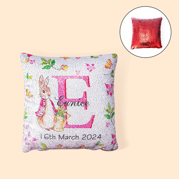Funda de almohada de lentejuelas personalizada Peter Rabbit con nombre inicial y fecha Conejito Decoración de vacaciones Cumpleaños Pascua Regalo para