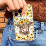 Personalized Sunflower Highland Cow iPhone Case with Name Birthday Gift for Highland Cow Lovers