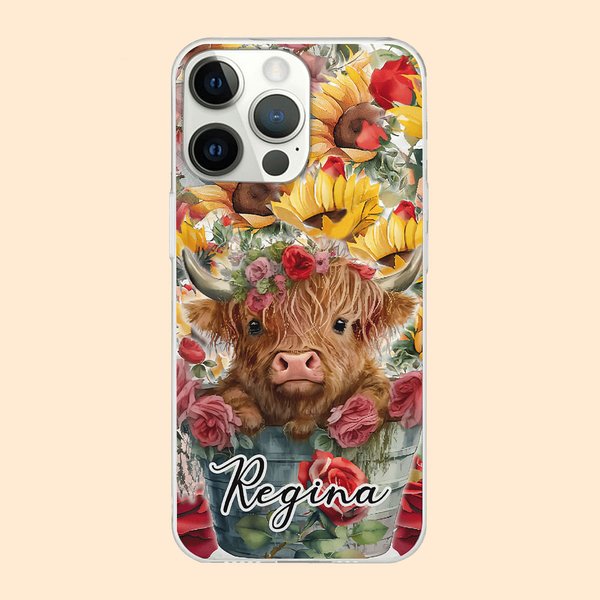 Personalized Colorful Highland Cow iPhone Case with Name Birthday Anniversary Gift for Friend Family