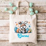 Gepersonaliseerde Leuke Dierlijke Kleurrijke Paaseieren Canvas Draagtas met Naam Cadeau voor Kind