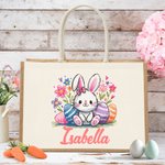 Gepersonaliseerde schattige paashaas dieren Jute tas met naam Pasen verjaardagscadeau voor kind