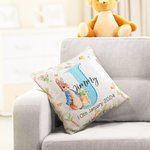 Funda de almohada de lentejuelas personalizada Peter Rabbit con nombre inicial y fecha Conejito Decoración de vacaciones Cumpleaños Pascua Regalo para