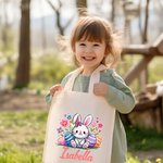 Gepersonaliseerde Leuke Dierlijke Kleurrijke Paaseieren Canvas Draagtas met Naam Cadeau voor Kind