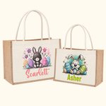 Gepersonaliseerde schattige paashaas dieren Jute tas met naam Pasen verjaardagscadeau voor kind