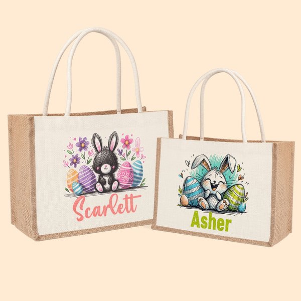 Personalizzato Carino Coniglietto di Pasqua Orecchie Animali Borsa di iuta con nome Regalo di compleanno di Pasqua per bambino