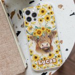 Personalized Sunflower Highland Cow iPhone Case with Name Birthday Gift for Highland Cow Lovers