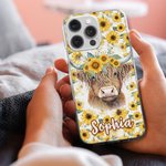 Personalized Sunflower Highland Cow iPhone Case with Name Birthday Gift for Highland Cow Lovers