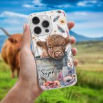 Personligt söt akvarell Highland Cow Slim Phone Case för iPhone med namn Födelsedag Julklapp för Highland Cow Lovers