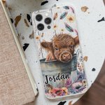 Personligt söt akvarell Highland Cow Slim Phone Case för iPhone med namn Födelsedag Julklapp för Highland Cow Lovers