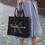 Personalisierte Schwarze Flachs Tragetasche mit Namen und Initiale Geburtstag Hochzeit Party Geschenk für Damen