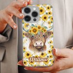 Personalized Sunflower Highland Cow iPhone Case with Name Birthday Gift for Highland Cow Lovers