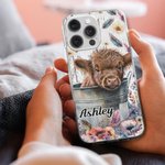 Personligt söt akvarell Highland Cow Slim Phone Case för iPhone med namn Födelsedag Julklapp för Highland Cow Lovers