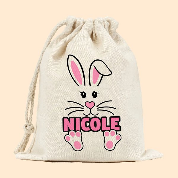 Spersonalizowana torba ze sznurkiem Cute Bunny z imieniem Wielkanocny prezent urodzinowy dla dzieci