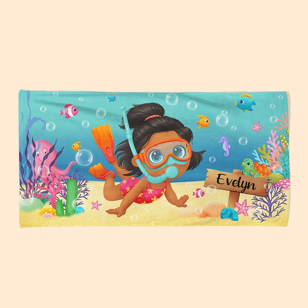 Serviette de Plage Personnalisée avec Prénom et Motif de Plongée Cadeau Anniversaire Vacances pour Fille Garçon