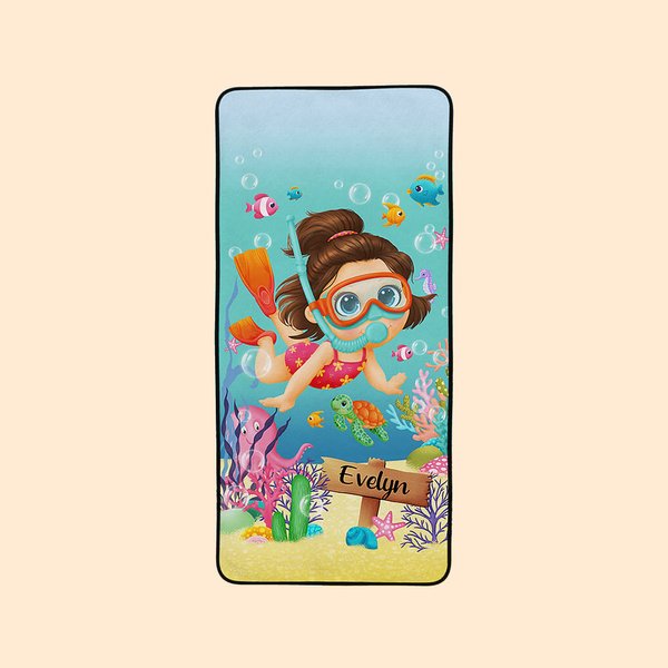 Serviette de Bain Personnalisée avec Prénom Thème Plongée Sous-Marine Linge en Velours Corail Super Absorbant Cadeau pour Enfant