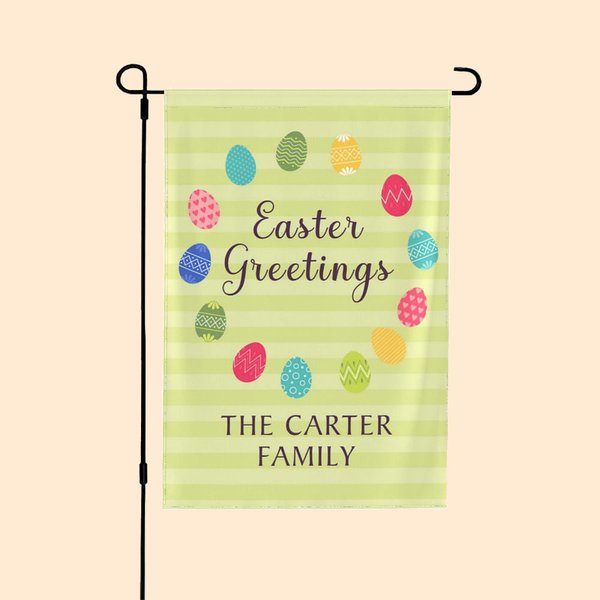 Bandiera da giardino personalizzata colorata con stampa su entrambi i lati delle uova di Pasqua con cognome e testo Regalo di Pasqua per la famiglia