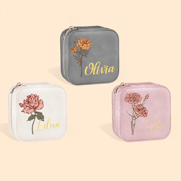 Personalisierte Samt Geburt Blume Portable Schmuckkästchen Travel Case mit Namen Geburtstag Muttertag Hochzeit Geschenk für sie