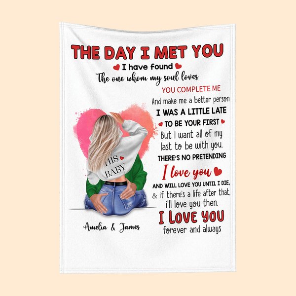 Spersonalizowany koc The Day I Met You z akwarelowym miłosnym sercem Romantyczna dekoracja domu Prezent rocznicowy dla pary