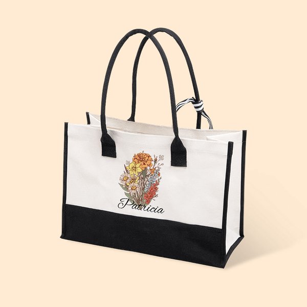 Gepersonaliseerde Geboorte Bloemen Boeket Canvas Strand Tote Tas met Naam Moederdag Verjaardagscadeau voor haar