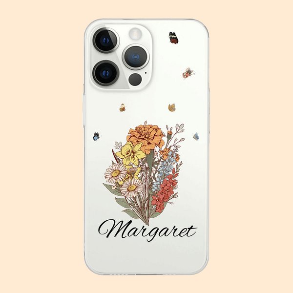 Coque iPhone Personnalisé avec Nome et Fleur de Naissance Cadeau Fête des Mères Anniversaire pour Maman Grand-Mère