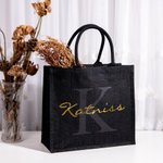 Personalisierte Schwarze Flachs Tragetasche mit Namen und Initiale Geburtstag Hochzeit Party Geschenk für Damen
