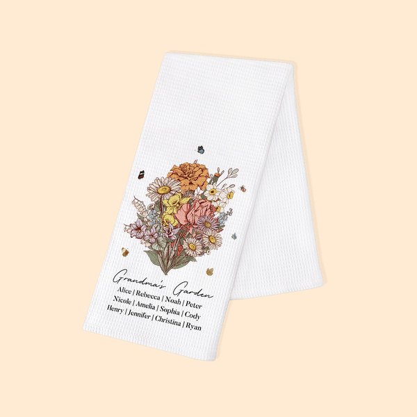 Personalized Retro Birth Flower Bouquet Waffle Cotton Tea Towel with Name Garden Theme Kitchen Decoration Housewarming Family Gift for Mom Grandma