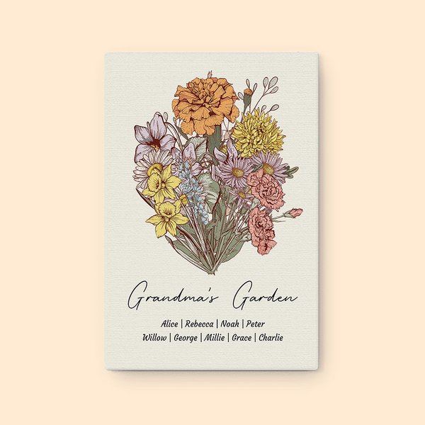 Personalised Birth Flower Bouquet Family Canvas Painting Mother's Day Birthday Gift for Mom Grandma