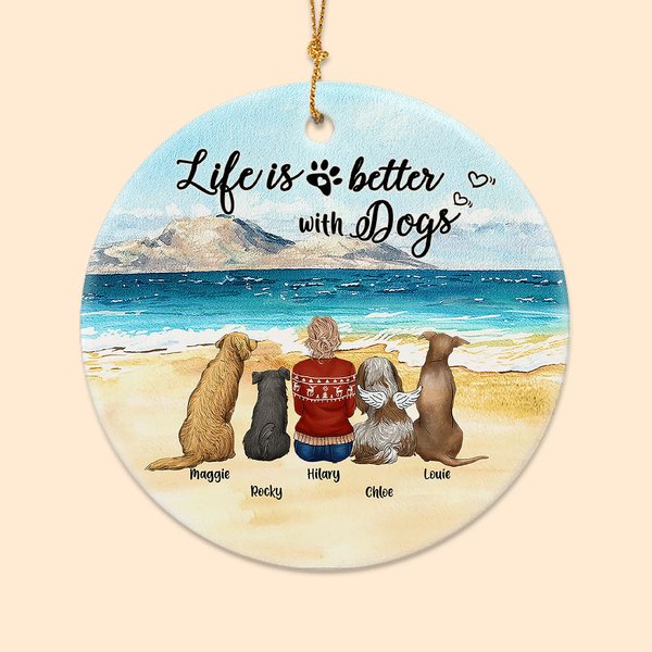 Ornement rond en céramique avec fond de paysage marin Cadeau d'anniversaire de Noël pour les amoureux des chiens