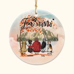 Spersonalizowana okrągła ceramiczna ozdoba Fur Mama lub Papa z czerwonym liściem klonu w tle Świąteczny prezent urodzinowy dla miłośnika psów