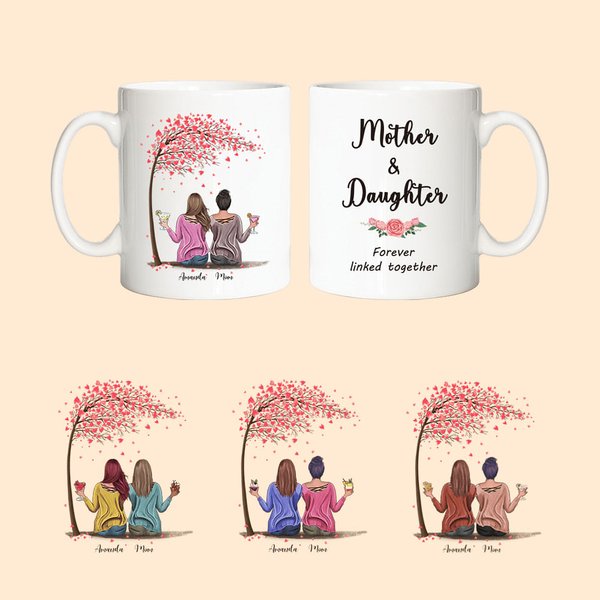 Mug Personnalisé avec Personnages Thème Mother and Daughter Forever Linked Together Cadeau Fête pour Maman