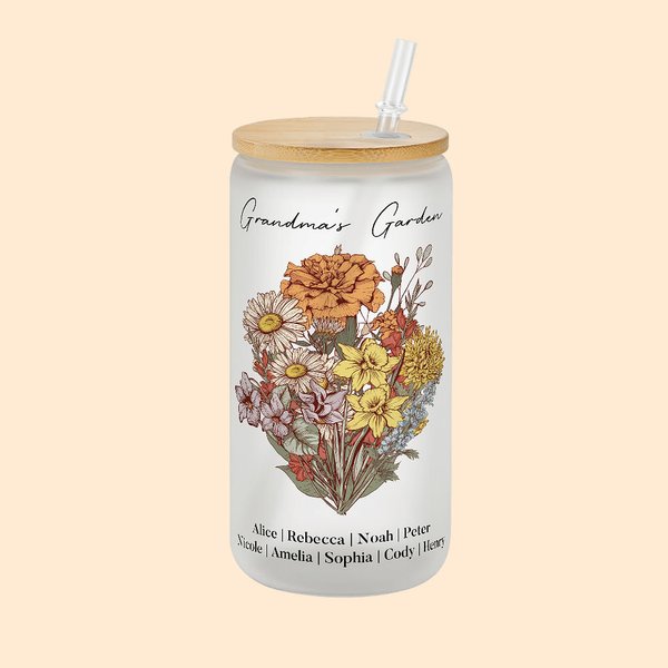 Verre Dépoli Personnalisé avec Nom et 1-12 Fleurs de Naissance Cadeau Fête des Mères pour Maman Grand-Mère