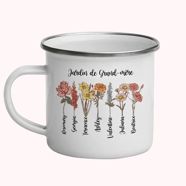 Tasse en Émail Personnalisée avec Fleur de Naissance et Nom Cadeau d'Anniversaire Fête des Mères pour Grand-mère Maman