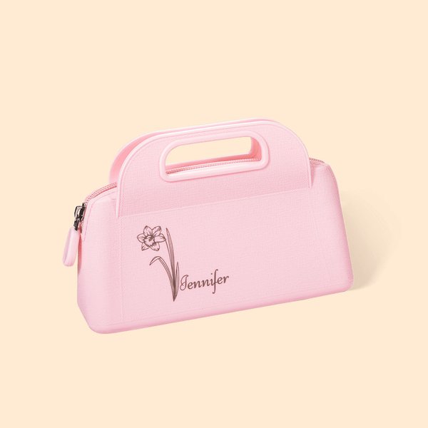 Sac à Main Personnalisé avec Nom et Fleur de Naissance Trousse de Maquillage en Silicone Imperméable Cadeau Fête des Mères Soirée Mariage pour Femme