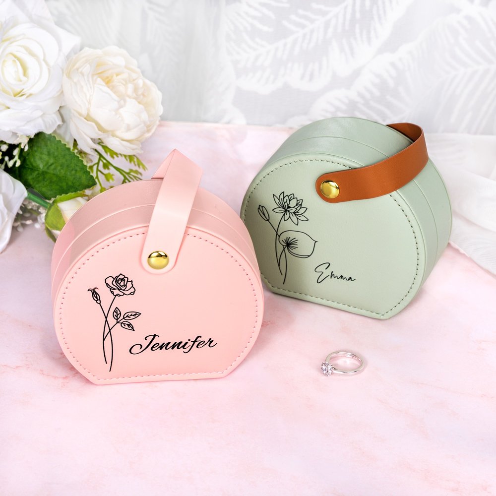 Personalized Portable Birth Flower Hand-held Jewellery Case Storage Box with Name Birthday Bridesmaid Gift for Her 3