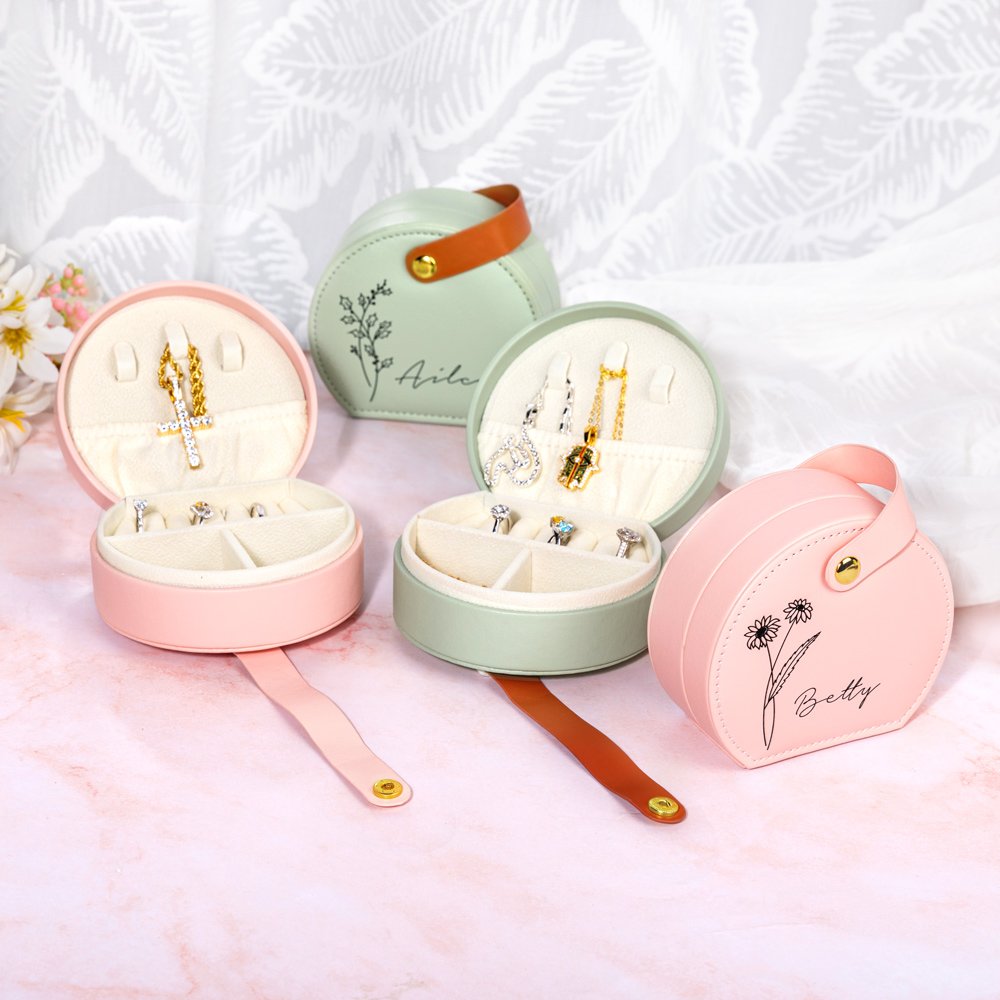 Personalized Portable Birth Flower Hand-held Jewellery Case Storage Box with Name Birthday Bridesmaid Gift for Her 4