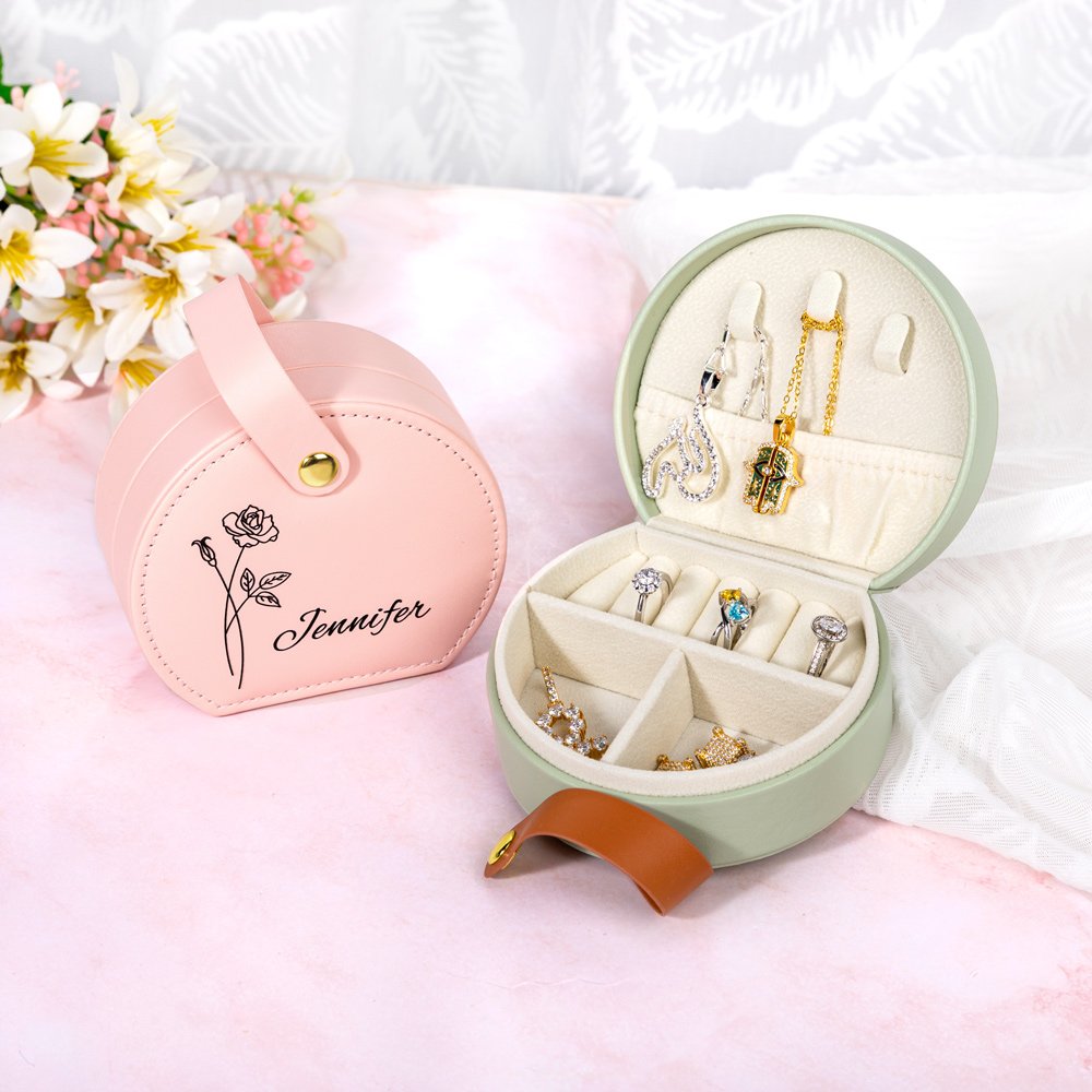 Personalized Portable Birth Flower Hand-held Jewellery Case Storage Box with Name Birthday Bridesmaid Gift for Her 2