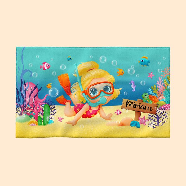 Personalized Colourful Ocean Diving Soft Absorbent Towel with Name Travel Daily Accessory Birthday Gift for Kid
