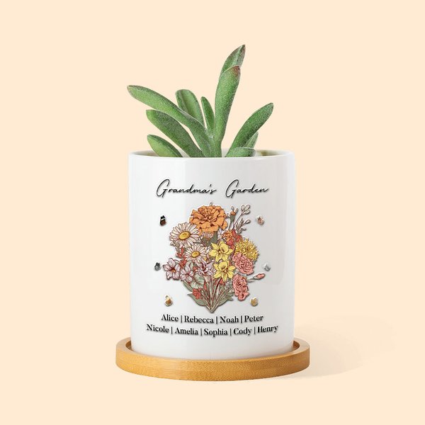 Personalized Grandma's Garden Birth Flower Bouquet Ceramic Plant Pot with Bamboo Base and Names Mother's Day Gift for Mom Grandma