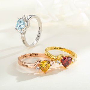 Personalized Heart Birthstone Promise Ring with Zircon and Engraving Text Mother's Day Valentine's Day Wedding Gift for Her