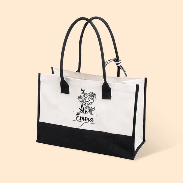 Personalized Black and White Birth Flower Canvas Tote Bag with Waterproof Liner Bridesmaid Beach Party Gift for Women Girls