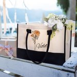 Personalised Watercolour Birth Flower Beach Canvas Tote Bag with Waterproof Liner Large Capacity Bridal Party Birthday Gift for Women