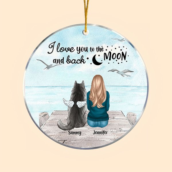 Adorno colgante acrílico redondo personalizado I Love You to the Moon and Back con fondo de gaviota Regalo de cumpleaños navideño para amante de los p
