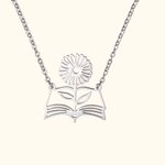 Collier de Livre Personnalisé avec Fleur de Naissance Cadeau d'Anniversaire pour l'Enseignant Amoureux des Livres