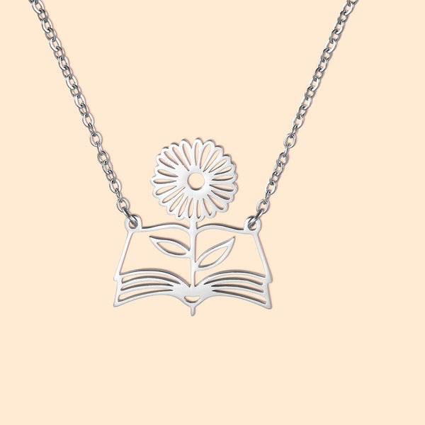 Collier de Livre Personnalisé avec Fleur de Naissance Cadeau d'Anniversaire pour l'Enseignant Amoureux des Livres