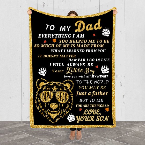 Personalized To My Dad You Are The World Bear Soft Fleece Blanket with Names Father's Day Birthday Gift for Him