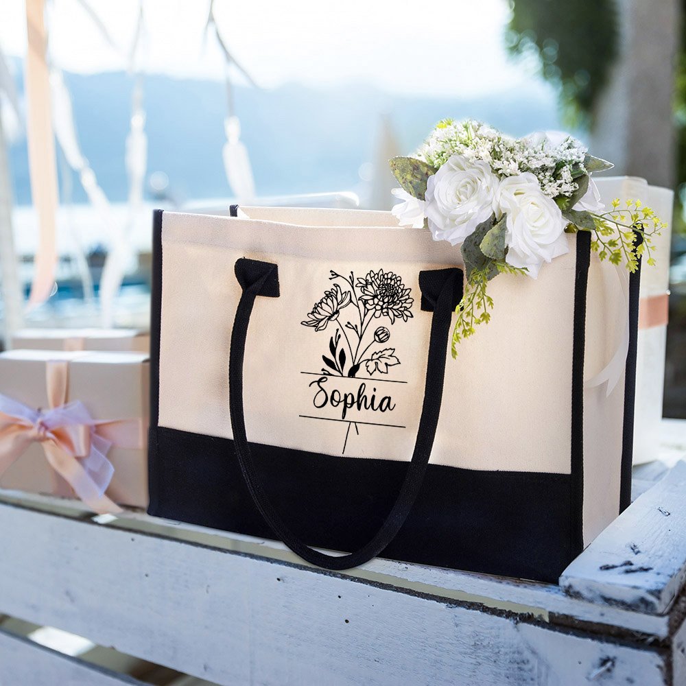 Personalized Black and White Birth Flower Canvas Tote Bag with Waterproof Liner Bridesmaid Beach Party Gift for Women Girls 2